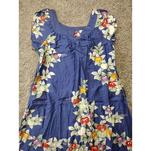 Vtg Sun Fashions Of Hawaii Honolulu Sz 10 Blue Floral & Fruits Muumuu Maxi Dress - Picture 2 of 10